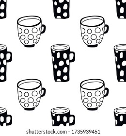 Tea and coffee mugs. Black and white seamless pattern for coloring book, pages