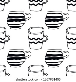 Tee- und Kaffeebeutel. Nahtloses Muster. Schwarz-Weiß-Illustration für das Farbbuch, Seiten