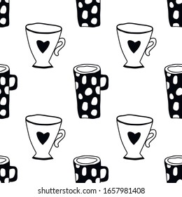 Tea and coffee mugs. Seamless pattern. Black and white illustration for coloring book, pages