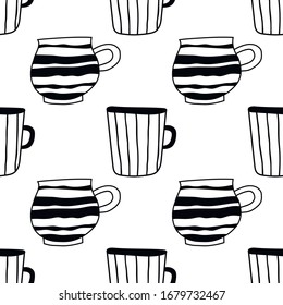 Tea and coffee mugs. Seamless pattern. Black and white illustration for coloring book, pages