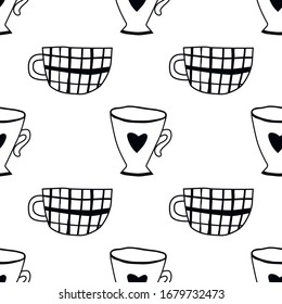 Té y tazas de café. Patrón sin problemas. Ilustración en blanco y negro para libro de colores, páginas