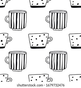 Tea and coffee mugs. Seamless pattern. Black and white illustration for coloring book, pages