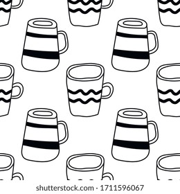 Tea and coffee mugs. Seamless pattern. Black and white illustration for coloring book, pages