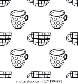 Té y tazas de café. Patrón sin foco. Ilustración en blanco y negro para libro de colorear, páginas