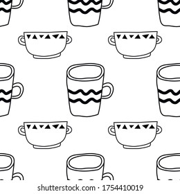 Tea and coffee mugs. Seamless pattern. Black and white illustration for coloring book, pages