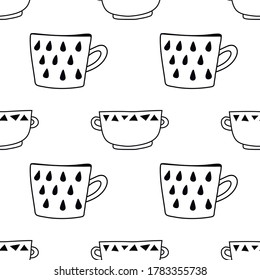 Tea and coffee mugs. Seamless pattern. Black and white illustration for coloring book, pages