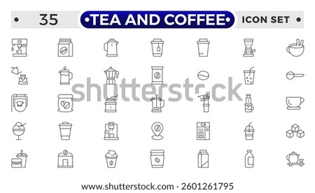 Tea and Coffee outline icon set. coffee, mug, coffee cup, coffee machine,  etc.

