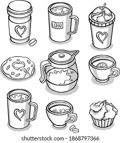  Tea, coffee, pastry icons. line set symbol. icon