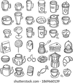  Tea, coffee, pastry icons. line set symbol. icon