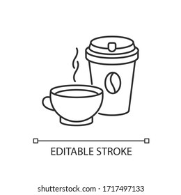Tea and coffee pixel perfect linear icon. Coffee in disposable cup for takeaway. Black tea in mug. Thin line customizable illustration. Contour symbol. Vector isolated outline drawing. Editable stroke