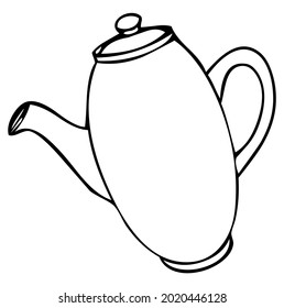 Té o cafetera, jarra, hervidor con mango, vector, ilustración de color negro y blanco, aislado en fondo blanco