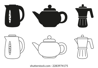 Té y cafetera. Conjunto de siluetas de tetera. Té guisante.