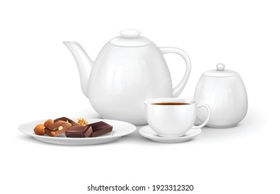 Tea coffee realistic composition with front view of set with teapot cups and chocolate on plate vector illustration