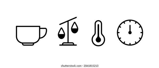 Tea and coffee recipe line icon concept. Hot drink brew instruction. Cup, time, temperature, scales symbols.  Vector illustration