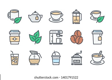 Tea and coffee related color line icon set. Coffee house colorful linear icons. Coffee break flat color outline vector sign collection.