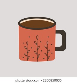 Tea coffee in a retro cup with leaves on it on isolated white background. Vector illustration cartoon flat style.