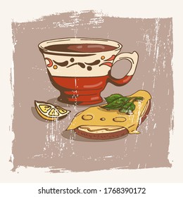 tea or coffee with a sandwich. Retro picture with grunge effecto. sketch, doodle, vector illustration