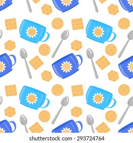 tea or coffee seamless pattern - cups, spoons and cookies