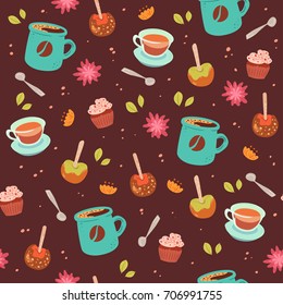 Tea and coffee seamless pattern in cute flat style. Desserts and flowers on dark background.