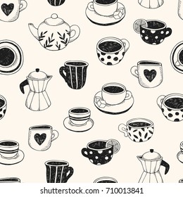 Tea and coffee. Seamless pattern with different types of cups. Vector illustrations for cafe and menu.