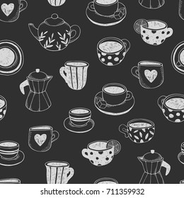 Tea and coffee. Seamless pattern with different types of cups. Vector illustrations for cafe and menu.
