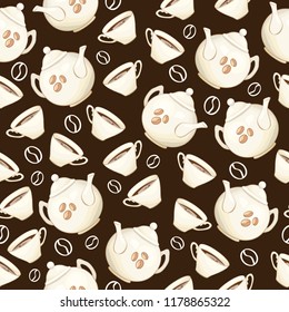 Tea or Coffee Seamless Pattern with Porcelain Teapot and Tea cup in Flat Style. Ready to Print on Fabric Textile, Tablecloth or Paper Gift Wrapping and Scrapbooking