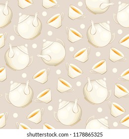 Tea or Coffee Seamless Pattern with Porcelain Teapot and Tea cup in Flat Style. Ready to Print on Fabric Textile, Tablecloth or Paper Gift Wrapping and Scrapbooking