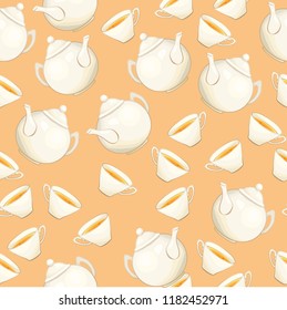 Tea or Coffee Seamless Pattern with Porcelain Teapot and Tea cup in Flat Style. Ready to Print on Fabric Textile, Tablecloth or Paper Gift Wrapping and Scrapbooking