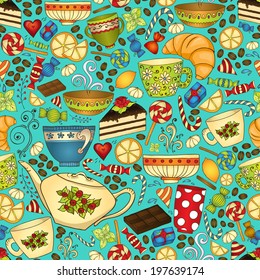 Tea and coffee seamless pattern. Tea, coffee and sweets doodle template pattern invitation. Breakfast background with cups, teapot, chocolate, lemon, cake, croissant and sweets.