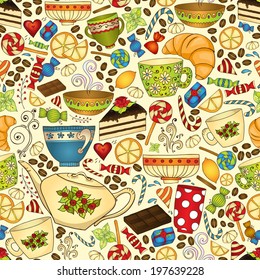 Tea and coffee seamless pattern. Tea, coffee and sweets doodle template pattern invitation. Breakfast background with cups, teapot, chocolate, lemon, cake, croissant and sweets.