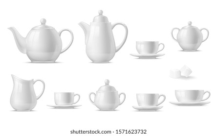 Tea or coffee set with 3d vector white cups, mugs and pots, teapot, sugar bowl, saucers and creamer. Hot drink or beverage crockery realistic design with ceramic or porcelain tableware