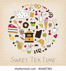 Tea and coffee set with cups, cakes and candies 