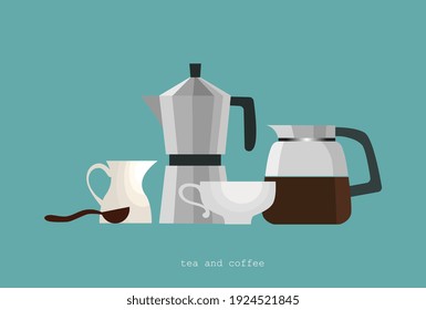 Tea and coffee set. Dishes in a simple style. Vector illustration. 