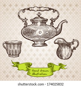 tea and coffee set. hand drawn illustration