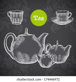 tea and coffee set. hand drawn illustration on chalkboard