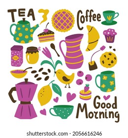 Tea and coffee set. Hand drawn teapot, coffee maker, jug of milk, tin box, cup, mug, spoon, pie, croissant, cake, cookies, muffin, jam, honey, lemon, bird, flower and lettering