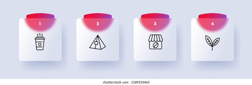 Tea and coffee set icon. Tea bag, bean, cup, leaves, cafe, hot beverage, steam, time, break, rest, eating out, take with you. Drink concept. Glassmorphism style. Vector line icon for Advertising.
