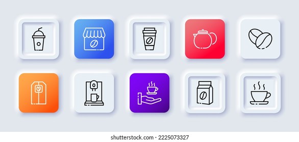 Tea and coffee set icon. Tea bag, bean, cup, leaves, cafe, hot beverage, steam, time, break, rest, eating out, take with you. Drink concept. Neomorphism style. Vector line icon for Business