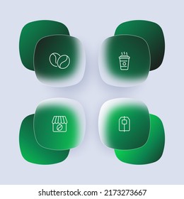 Tea and coffee set icon. Coffee beans, tea bag, paper cup, take with you, cafe, break time, beverage, hot, cold. Drink concept. Glassmorphism. Vector line icon for Business and Advertising.