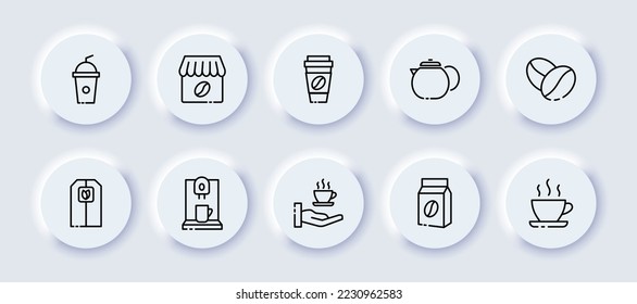 Tea and coffee set icon. Drink, cup, mug, straw, cafe, cardboard, coffee pot, bag, hand, machine, hot, steam. Beverage concept. Neomorphism style. Vector line icon for Business and Advertising