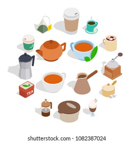 Tea and coffee set in isometric 3d style isolated on white background. Vector illustration
