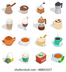 Tea and coffee set in isometric 3d style isolated on white background. Vector illustration