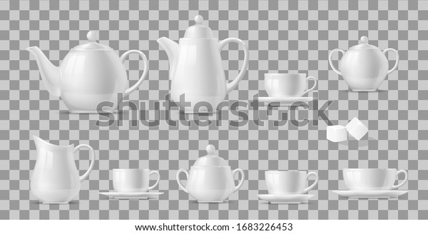 Tea\
or coffee set realistic vector design of hot beverage and drink\
white ceramic cups and pots. 3d porcelain teapots, mugs, kettle and\
saucers, sugar bowls, creamer pitcher and sugar\
cubes