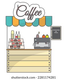 Tea coffee street shop showcase vector illustration. Cafe kiosk with coffee-maker machine and sweet desserts menu. Fast food local market concept