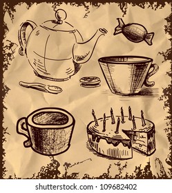 Tea and coffee stuff icons set isolated on vintage background. Hand drawing sketch vector illustration
