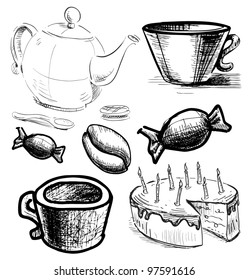 Tea and coffee stuff icons set. Hand drawing sketch vector objects isolated on white background