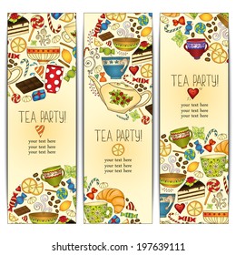 Tea, coffee and sweets doodle template pattern invitation. Greeting card. Tea Branding Design. Breakfast Banners with cups, teapot, chocolate, lemon, cake, croissant and sweets.