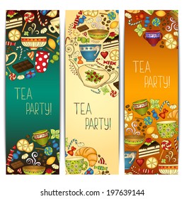 Tea, coffee and sweets doodle template pattern invitation. Greeting card. Tea Branding Design. Breakfast Banners with cups, teapot, chocolate, lemon, cake, croissant and sweets.