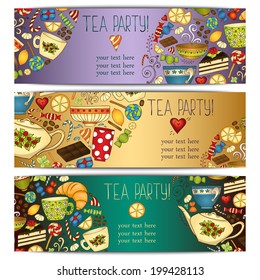 Tea, coffee and sweets doodle template pattern invitation. Greeting card. Tea Branding Design. Breakfast Banners with cups, teapot, chocolate, lemon, cake, croissant and sweets.