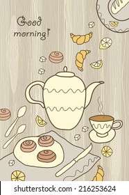 Tea, coffee and sweets doodle template patern invitation on wooden background. Greeting card.  Breakfast menu design. Banner with gift, cups, teapot and lemon. 